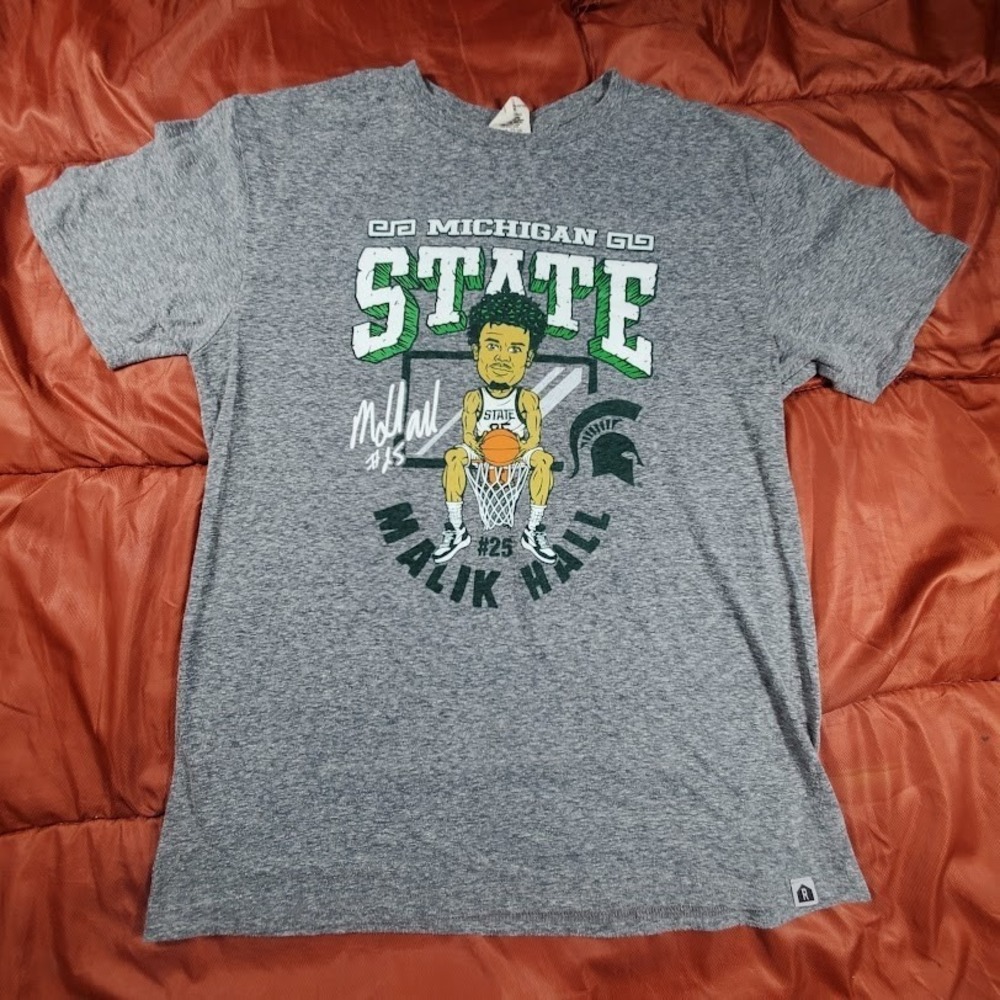 Malik Hall Michigan State Spartans Men's Large Grey Basketball Caricature S/S‎